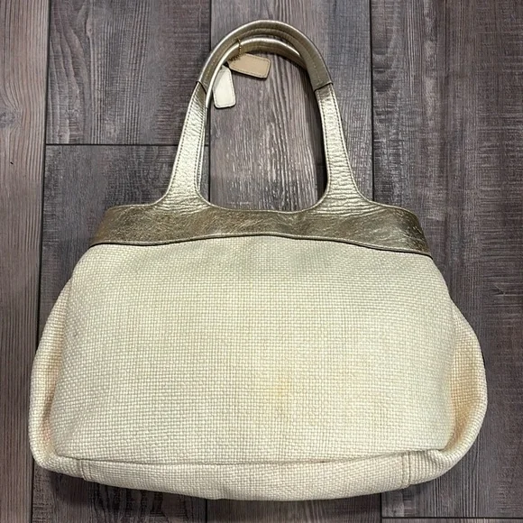 Coach Ivory Straw Embossed Embroidery Butterfly Gold Leather Trim Shoulder Bag - Picture 7 of 17